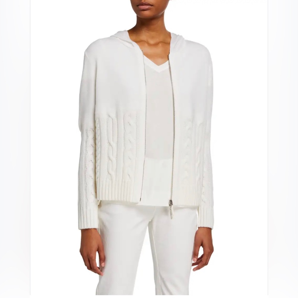 Lafayette 148 New York Fine Gauge Merino Wool Cable Knit Hoodie Zipper Sweater